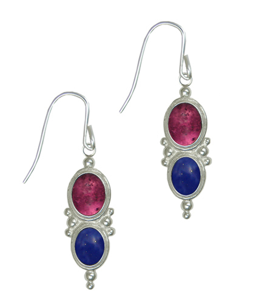 Sterling Silver Drop Dangle Earrings With Pink Tourmaline And Lapis Lazuli